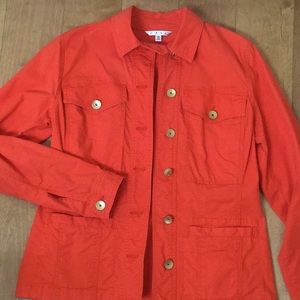 Cabi Taylor Jacket, ruffle back, coral, size Med